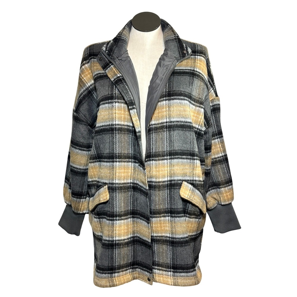 Steve Madden Plaid Times Shacket Womens XL Grey Tan Full Zip Oversized Coat New